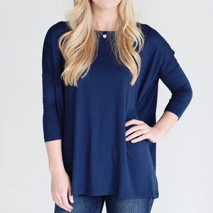 ACTING PRO Piko Flowy Navy Blue 3/4 Long Sleeve Tee Dolman Loose Fit Tunic Top